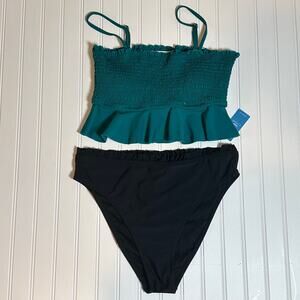Cupshe Women 2 Piece Swimsuit Large Teal Smocked Ruffle Bikini Large High Waist